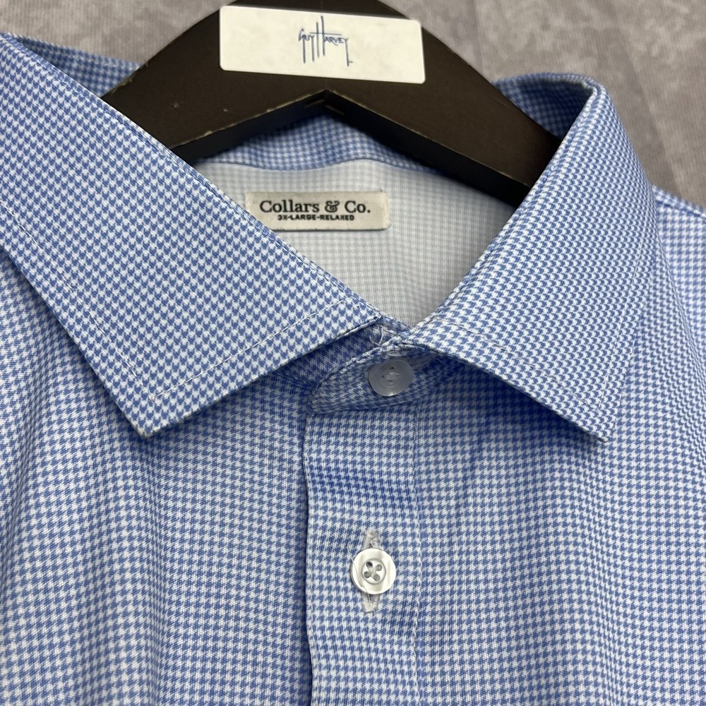 Collars & Co Polo Shirt Men 3XL Blue Houndstooth Dress Collar Relaxed Fit